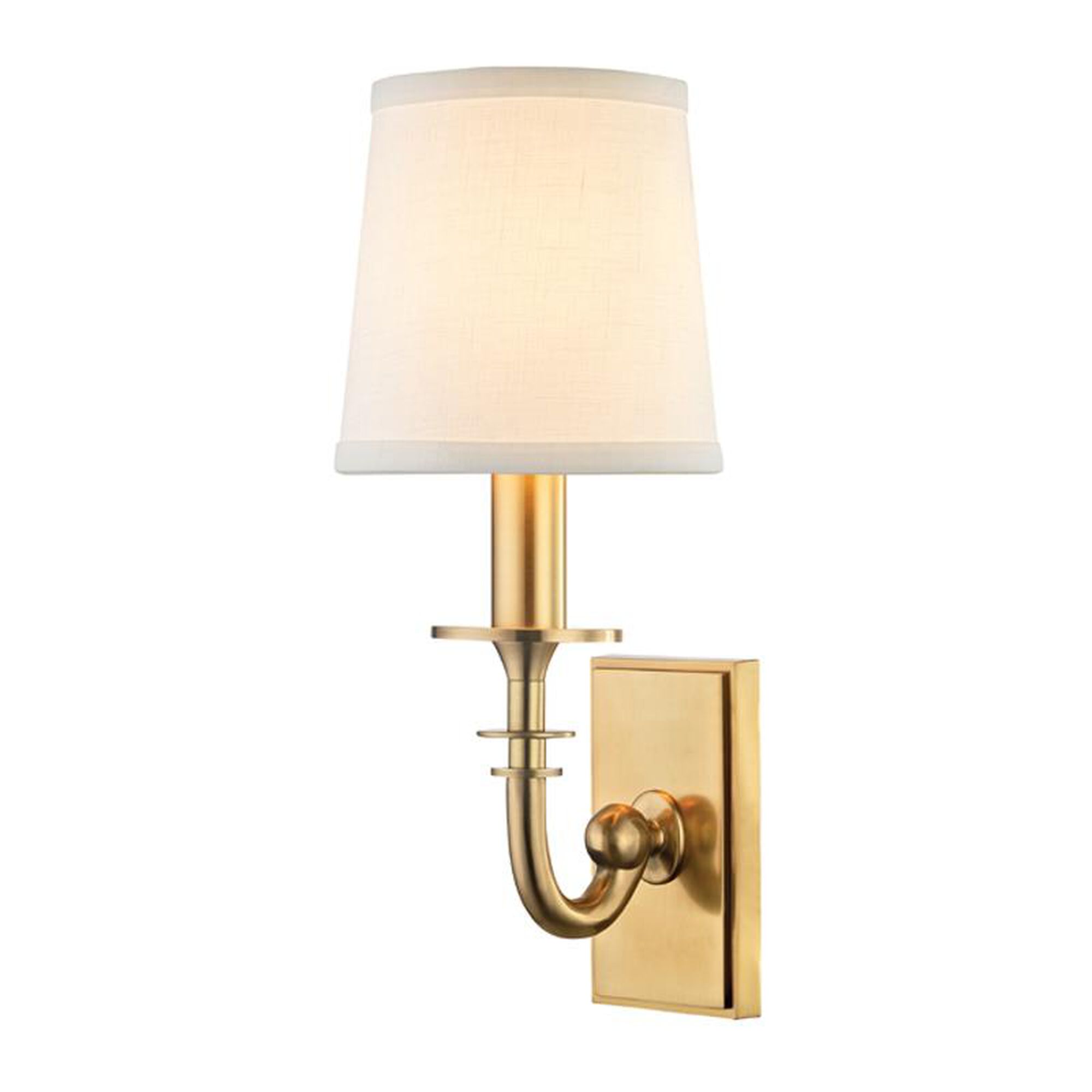 Shown in Aged Brass finish and White Linen shade